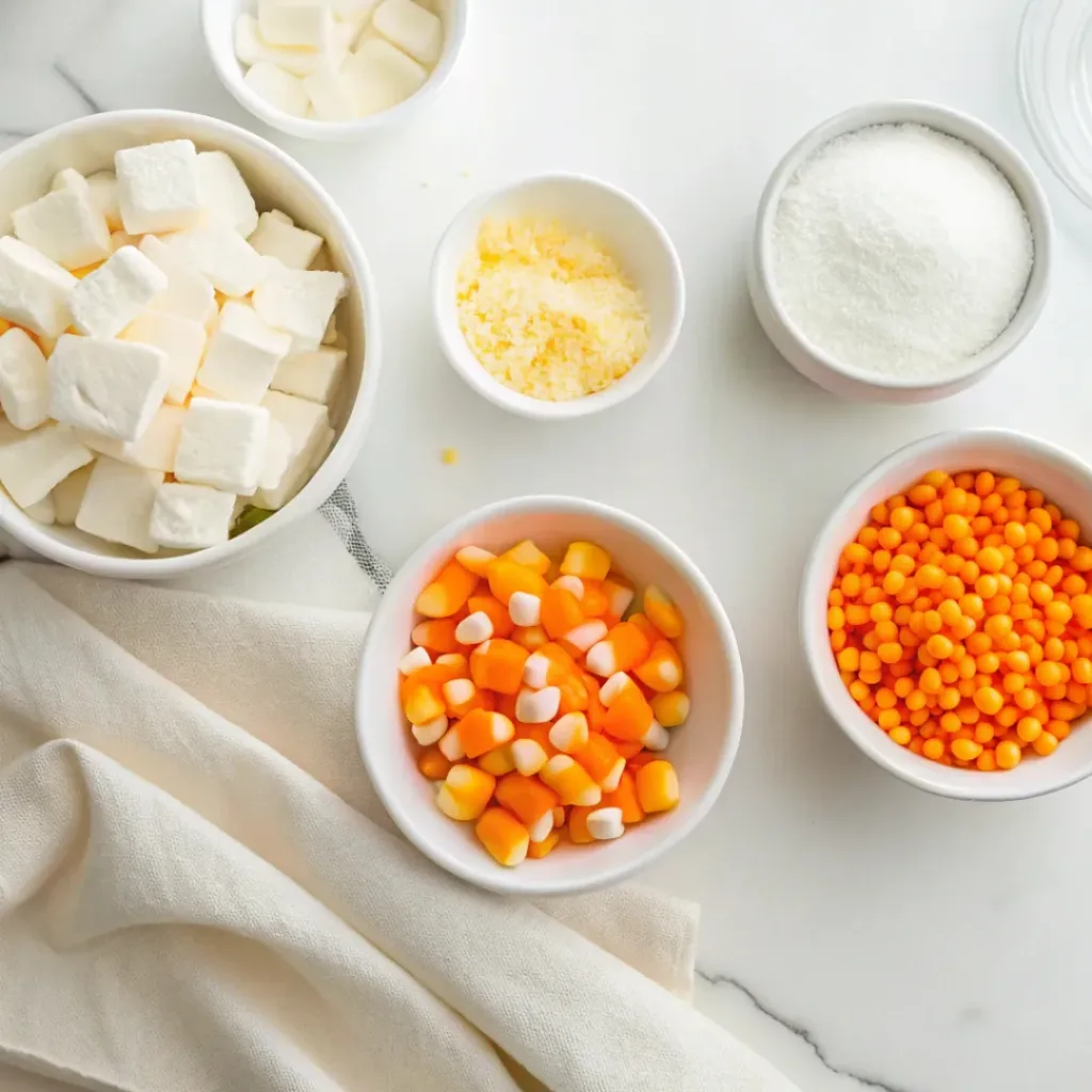 White chocolate chips, sweetened condensed milk, butter, vanilla, candy corn, and salt arranged for making candy corn fudge.