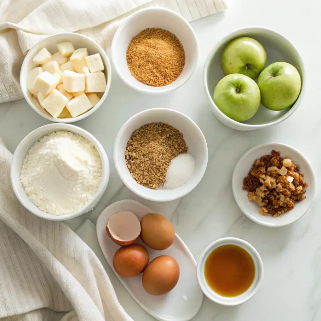 Apples, cream cheese, graham crackers, butter, brown sugar, eggs, sour cream, caramel sauce, cinnamon, vanilla, and powdered sugar arranged for caramel apple cheesecake bars.