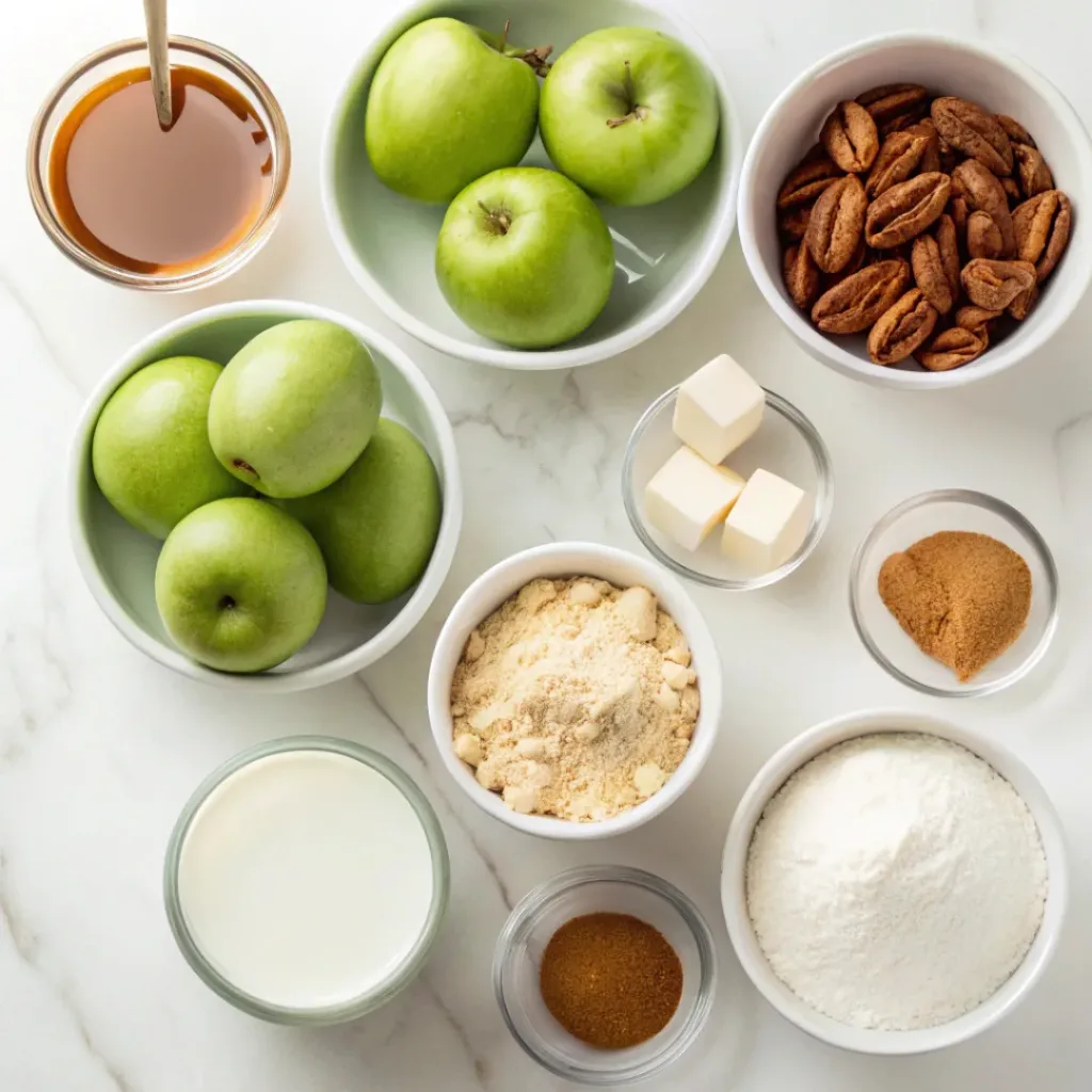 Caramel Apple Layer Cake - Tender Spiced Autumn Bakery Dessert 6 Apples, flour, butter, sugar, eggs, cinnamon, cream cheese, and caramel ingredients for apple layer cake.