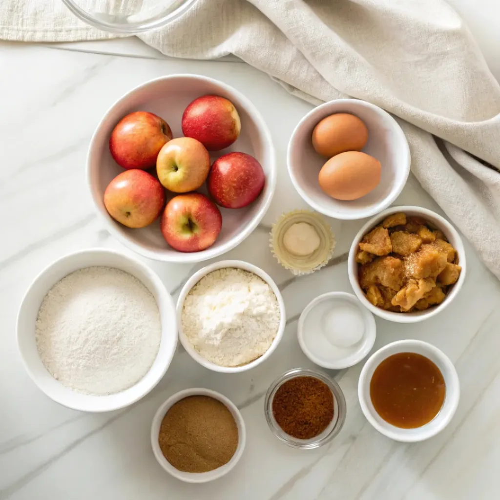 Fresh apples, flour, butter, brown sugar, granulated sugar, eggs, caramel sauce, powdered sugar, cinnamon, vanilla, baking powder, and pecans arranged for making caramel apple sheet cake.