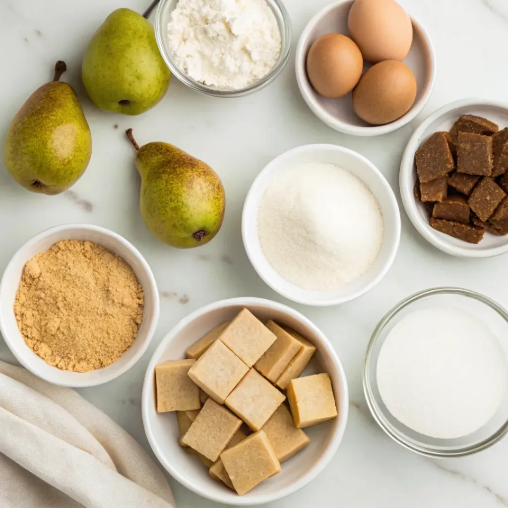 Pears, cream cheese, graham crackers, butter, sugar, cinnamon, eggs, and caramel ingredients for cheesecake bars.