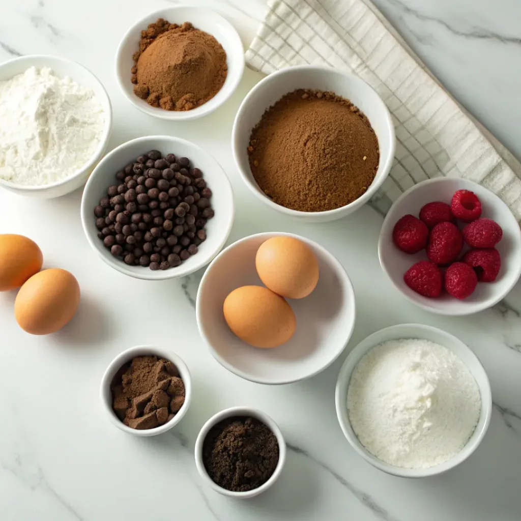 Cocoa powder, flour, eggs, sugar, oil, milk, vanilla, and baking ingredients for chocolate chiffon cake.