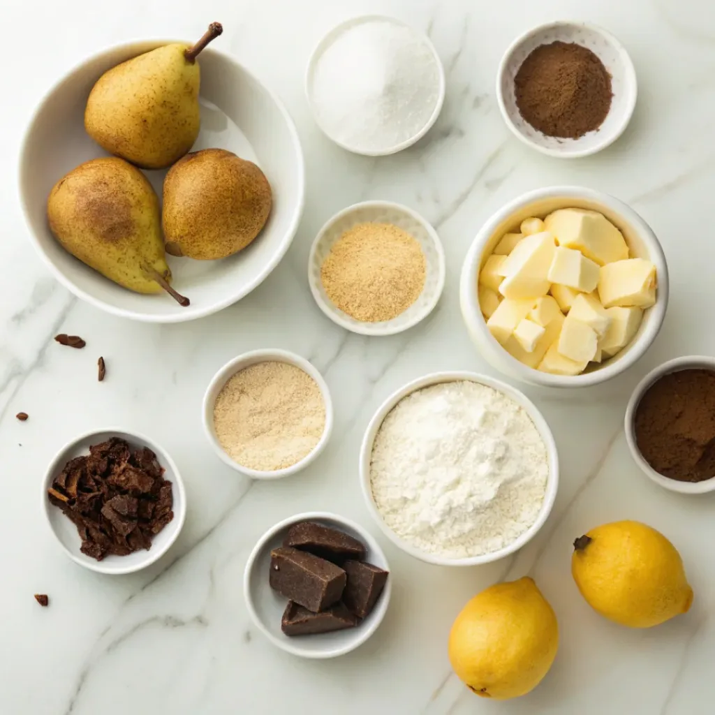 Fresh pears, dark chocolate, flour, butter, sugar, eggs, cocoa, almonds, and vanilla for chocolate pear tart.