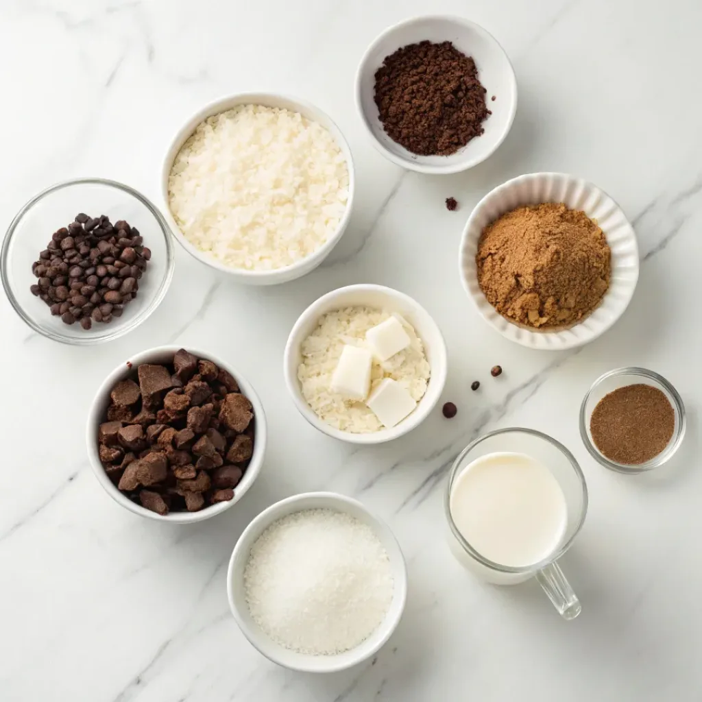 Rice, milk, cocoa powder, chocolate, sugar, vanilla, and butter arranged for homemade chocolate rice pudding.
