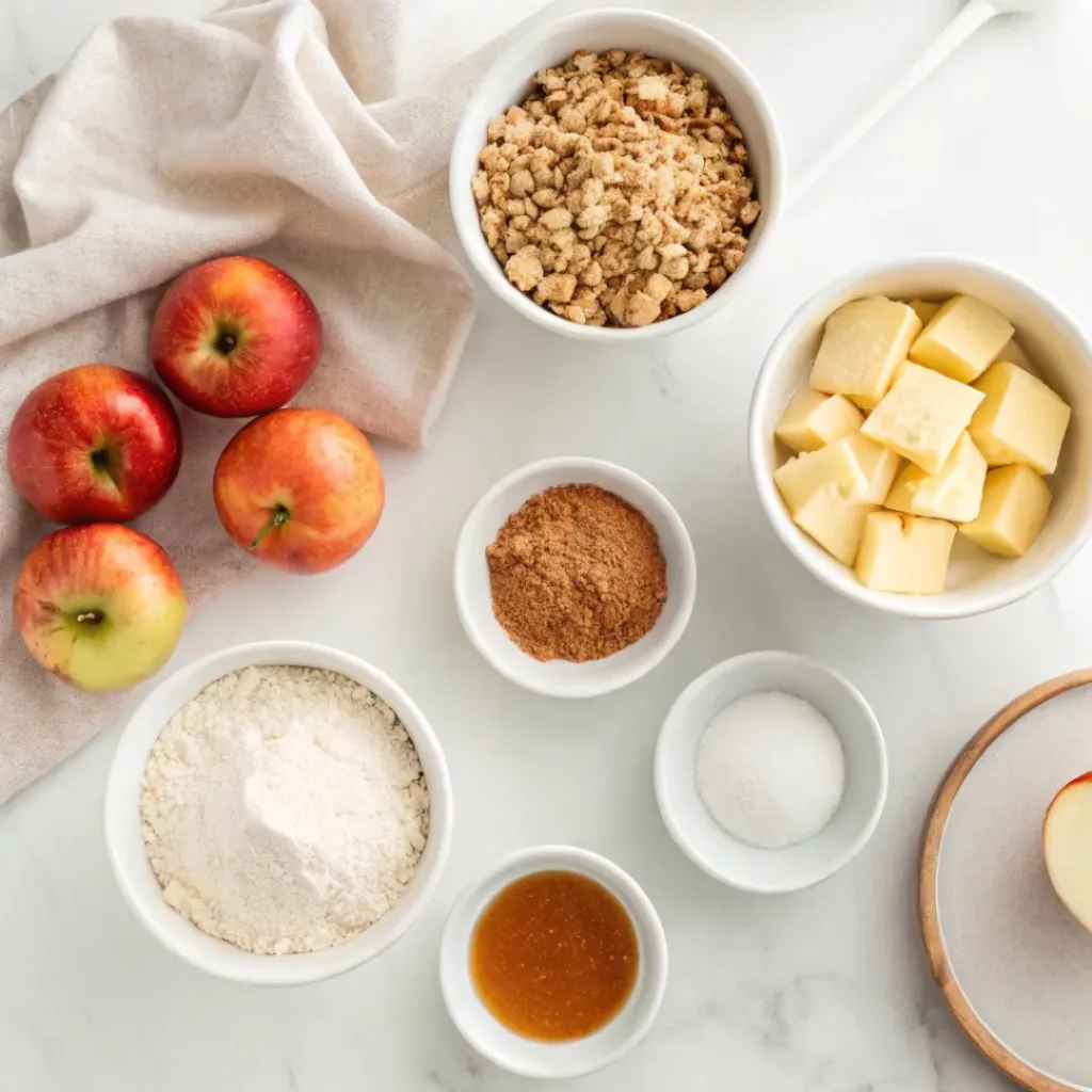 Fresh apples, rolled oats, flour, butter, brown sugar, granulated sugar, cinnamon, nutmeg, vanilla, and salt arranged for making cinnamon apple crisp.