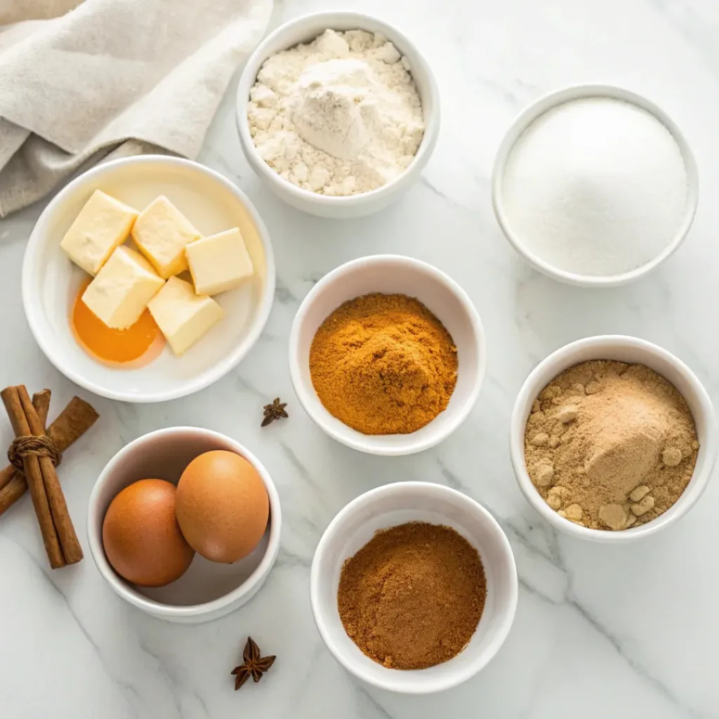 Pumpkin puree, flour, butter, eggs, brown sugar, granulated sugar, cinnamon, pumpkin pie spice, vanilla, and baking ingredients arranged for pumpkin bread.