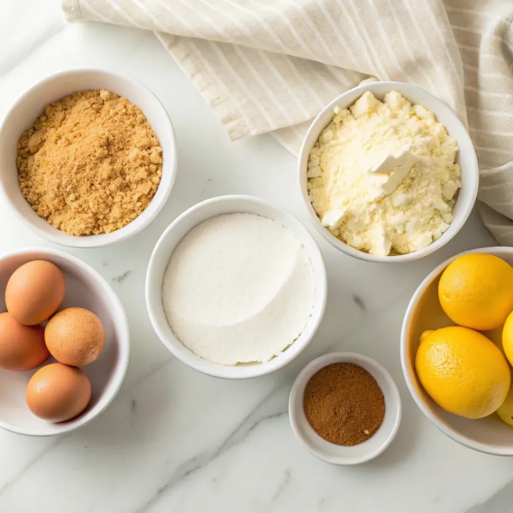 Classic New York Cheesecake - Rich Dense Creamy Slice 6 Cream cheese, graham crackers, butter, sugar, eggs, sour cream, vanilla, heavy cream, and lemons arranged for making Classic New York cheesecake.