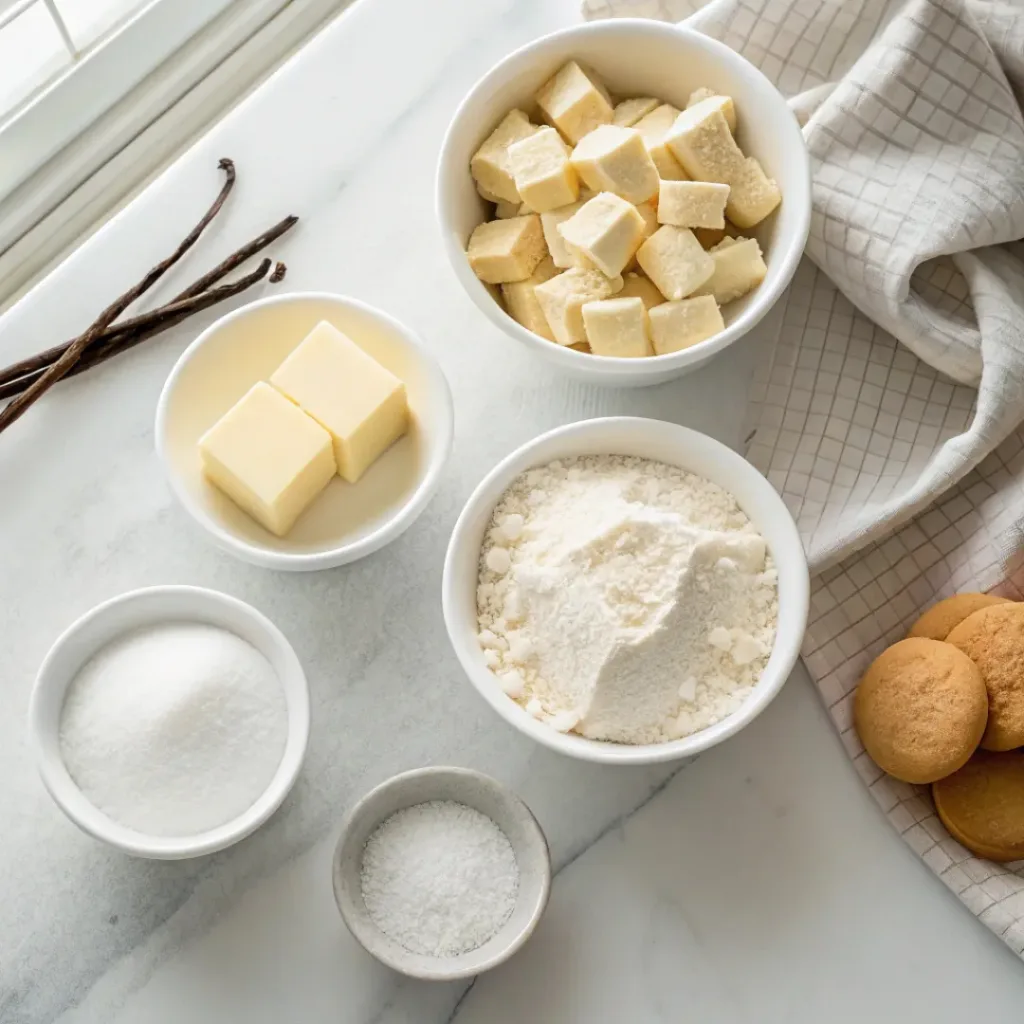 Butter, flour, sugar, vanilla, and salt arranged for homemade classic shortbread cookies.