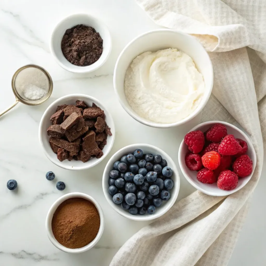 Cottage Cheese Chocolate Mousse - Rich Protein Dessert Showcase 6 Cottage cheese, dark chocolate, cocoa powder, maple syrup, vanilla extract, salt, and fresh berries arranged for making cottage cheese chocolate mousse.
