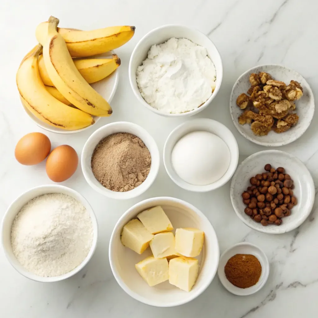 Ripe bananas, cream cheese, flour, eggs, butter, sugar, vanilla, and baking ingredients for banana bread.