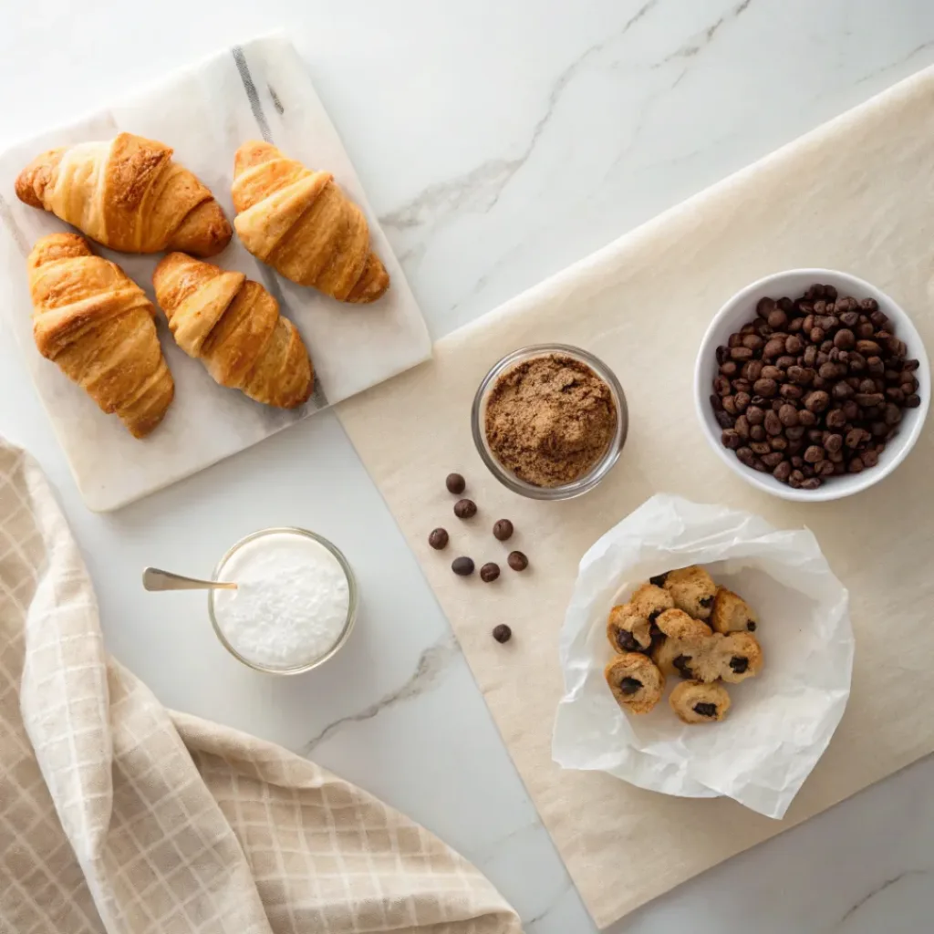 Croissants, chocolate chip cookie dough, Nutella, powdered sugar, and chocolate chips arranged for making croissant cookie mashups.