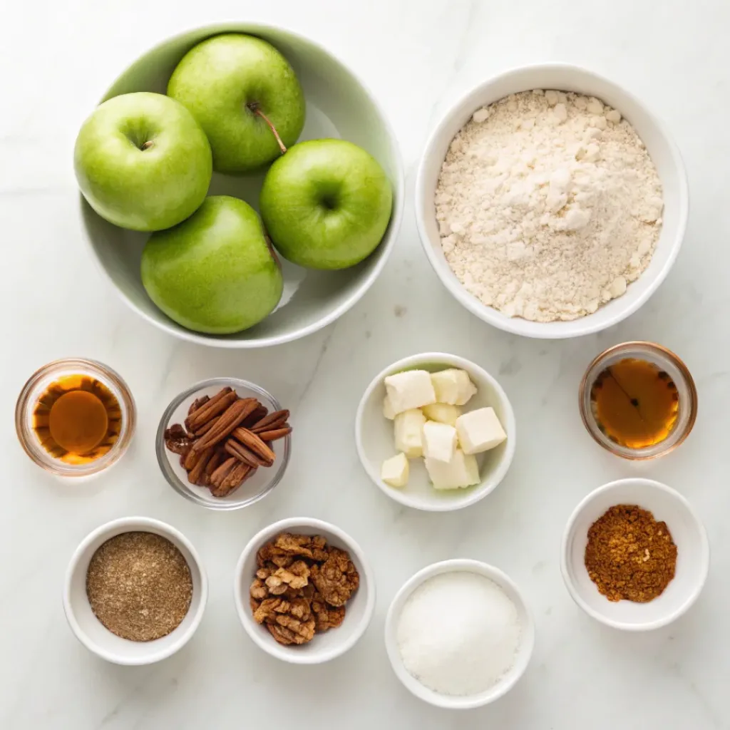 Fresh apples, flour, butter, brown sugar, oats, cinnamon, pecans, and pastry ingredients for Dutch apple pie.