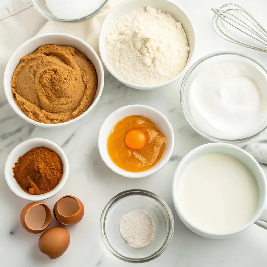 Pumpkin puree, flour, eggs, sugar, milk, sweetened condensed milk, cream, cinnamon, and spices for pumpkin tres leches cake.