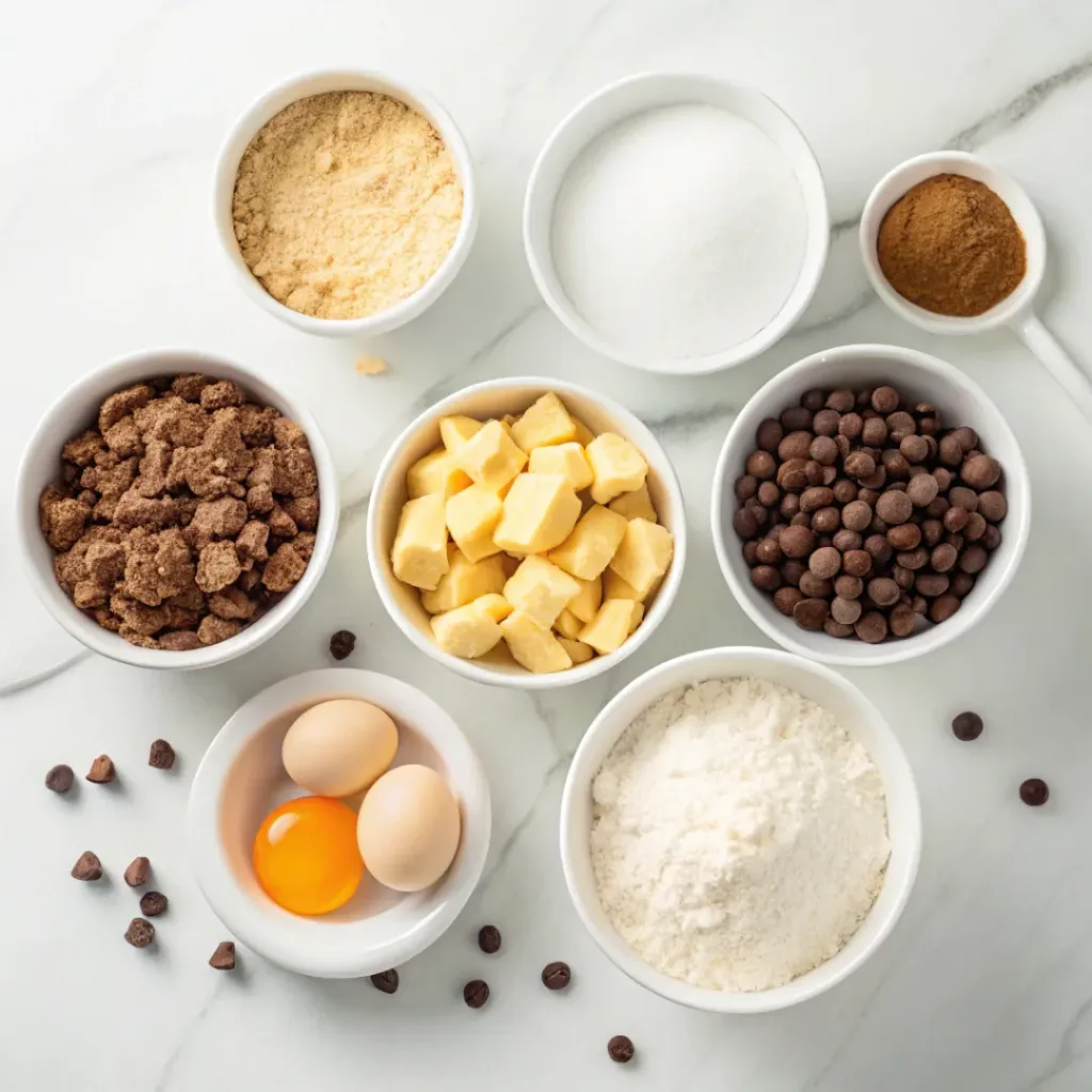 Flour, butter, brown sugar, chocolate chips, eggs, vanilla, baking soda, and sugar for cookie cake.
