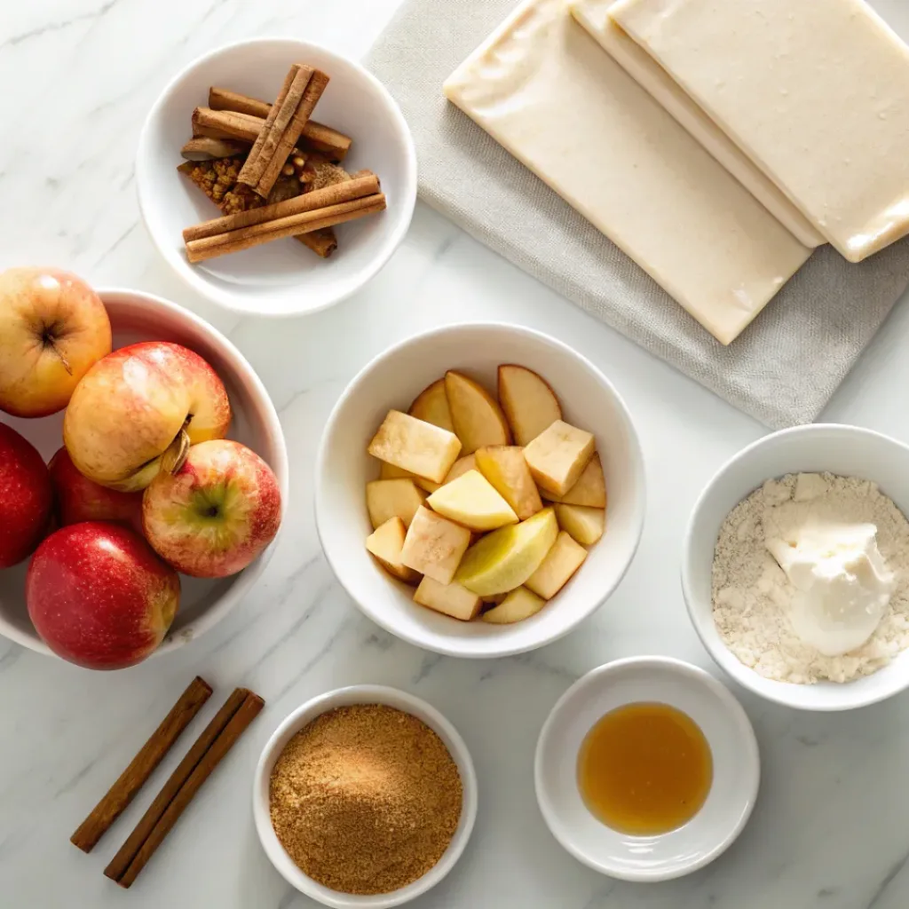 Fresh apples, puff pastry, butter, brown sugar, cinnamon, lemon, and sugar for homemade apple turnovers.