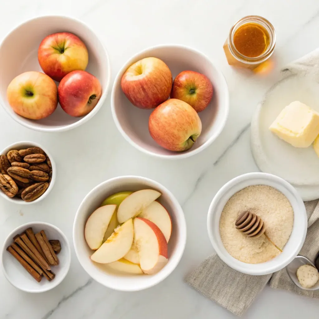 Honey Baked Apples - Tender Sweet Cinnamon Autumn Treats 6 Fresh apples, honey, cinnamon, pecans, and lemon arranged for homemade honey baked apples.