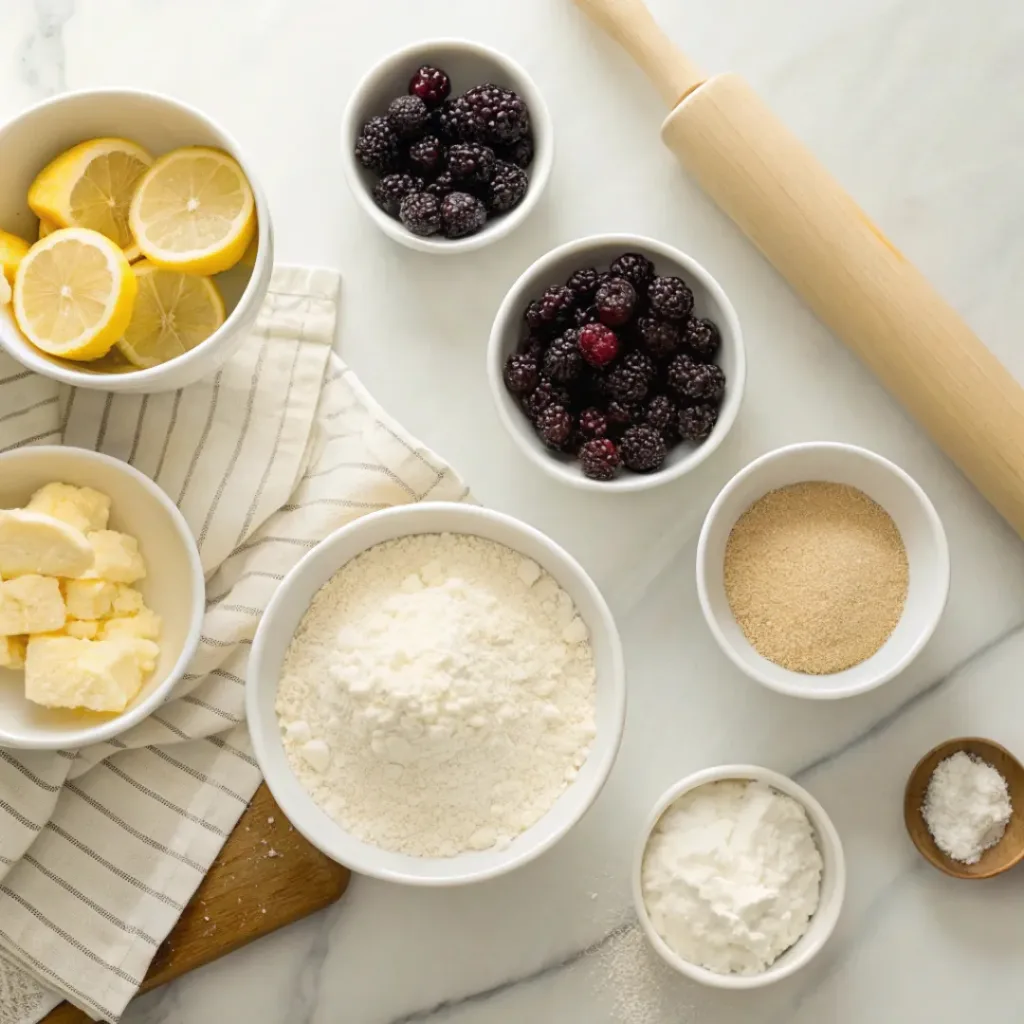 Fresh marionberries, flour, butter, sugar, lemon, and pie crust ingredients arranged for homemade marionberry pie.