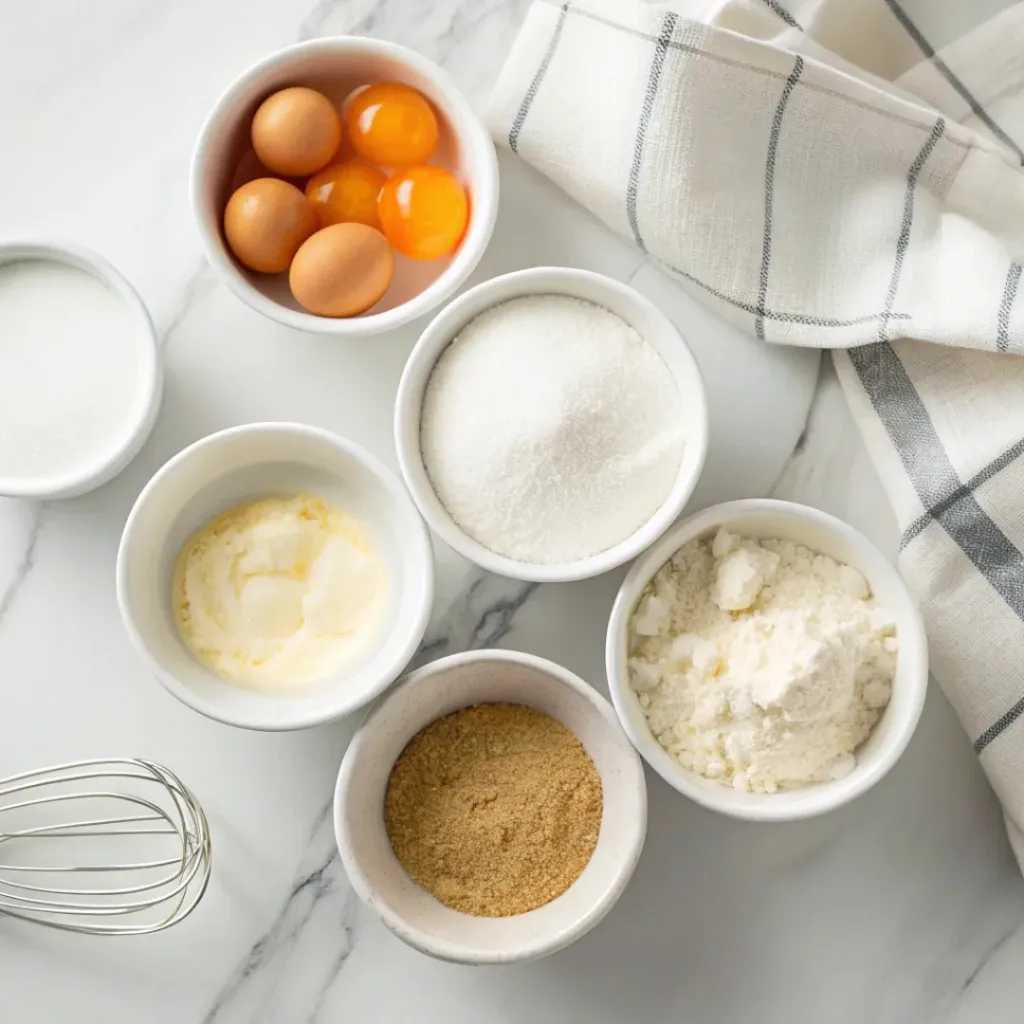 Cream cheese, heavy cream, eggs, sugar, vanilla, flour, and salt arranged for making mini Basque cheesecakes.