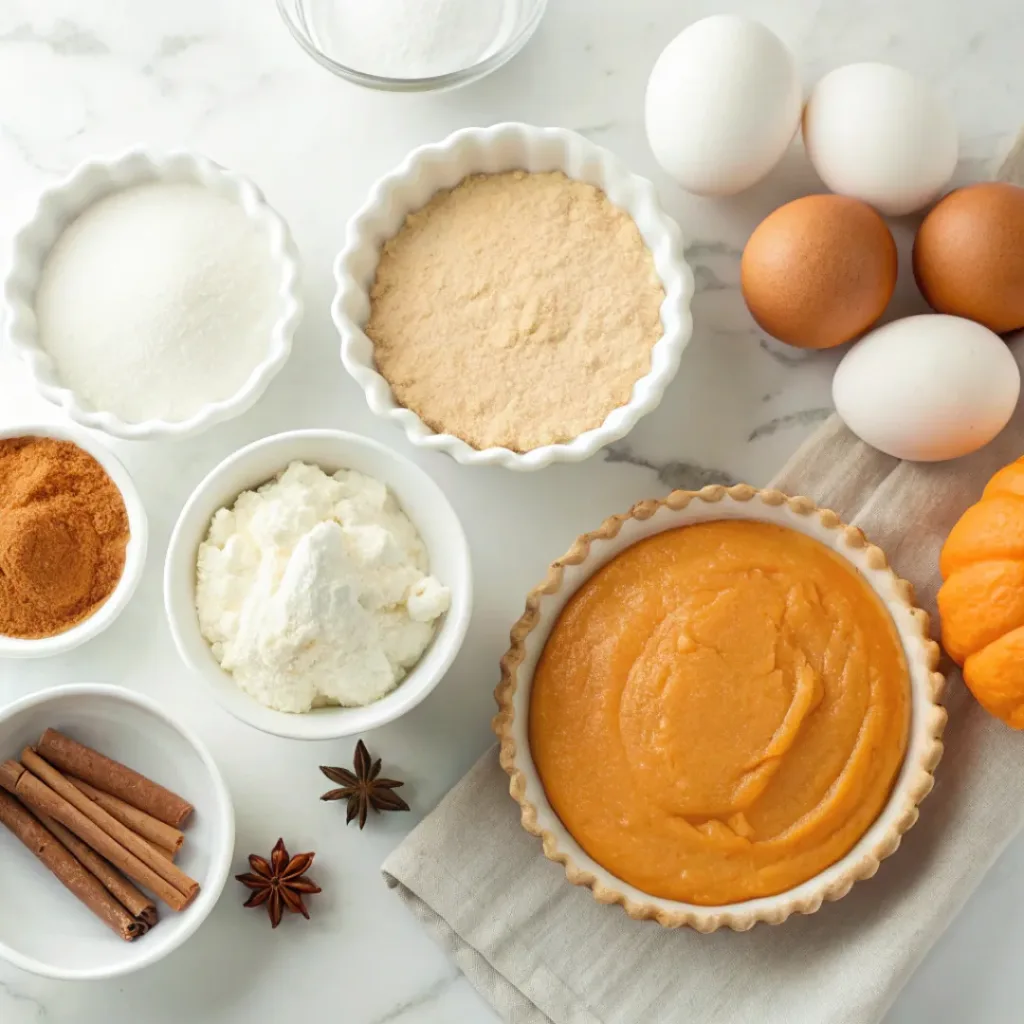 Pumpkin puree, pie crust, brown sugar, cream, milk, egg, cinnamon, and pumpkin pie spice for mini pumpkin pies.