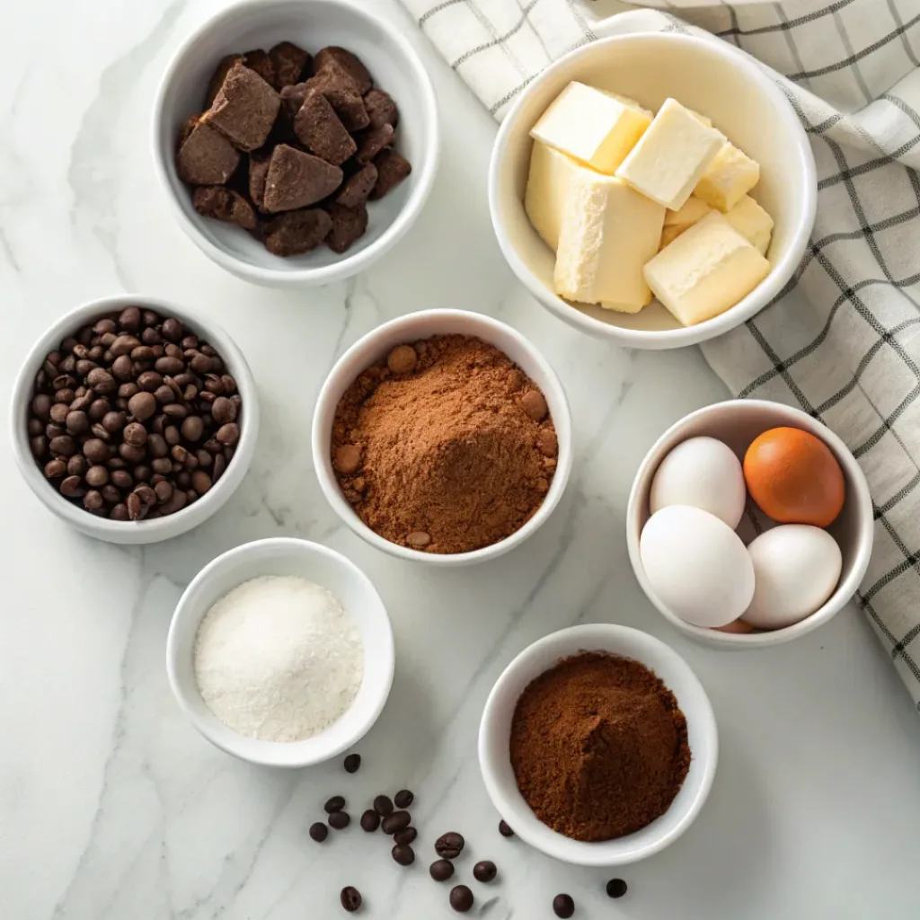 Mocha Brownies - Rich Fudgy Espresso Frosted Squares 6 Dark chocolate, cocoa powder, espresso powder, butter, sugar, eggs, flour, vanilla, and salt arranged for mocha brownies.