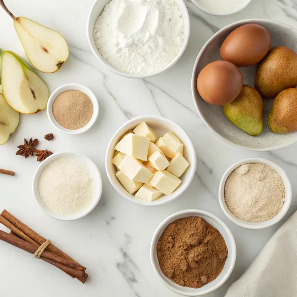 Moist Cinnamon Pear Cake - Tender Spiced Autumn Bakery Dessert 6 Fresh pears, flour, butter, eggs, sugar, cinnamon, vanilla, and baking ingredients for cinnamon pear cake.