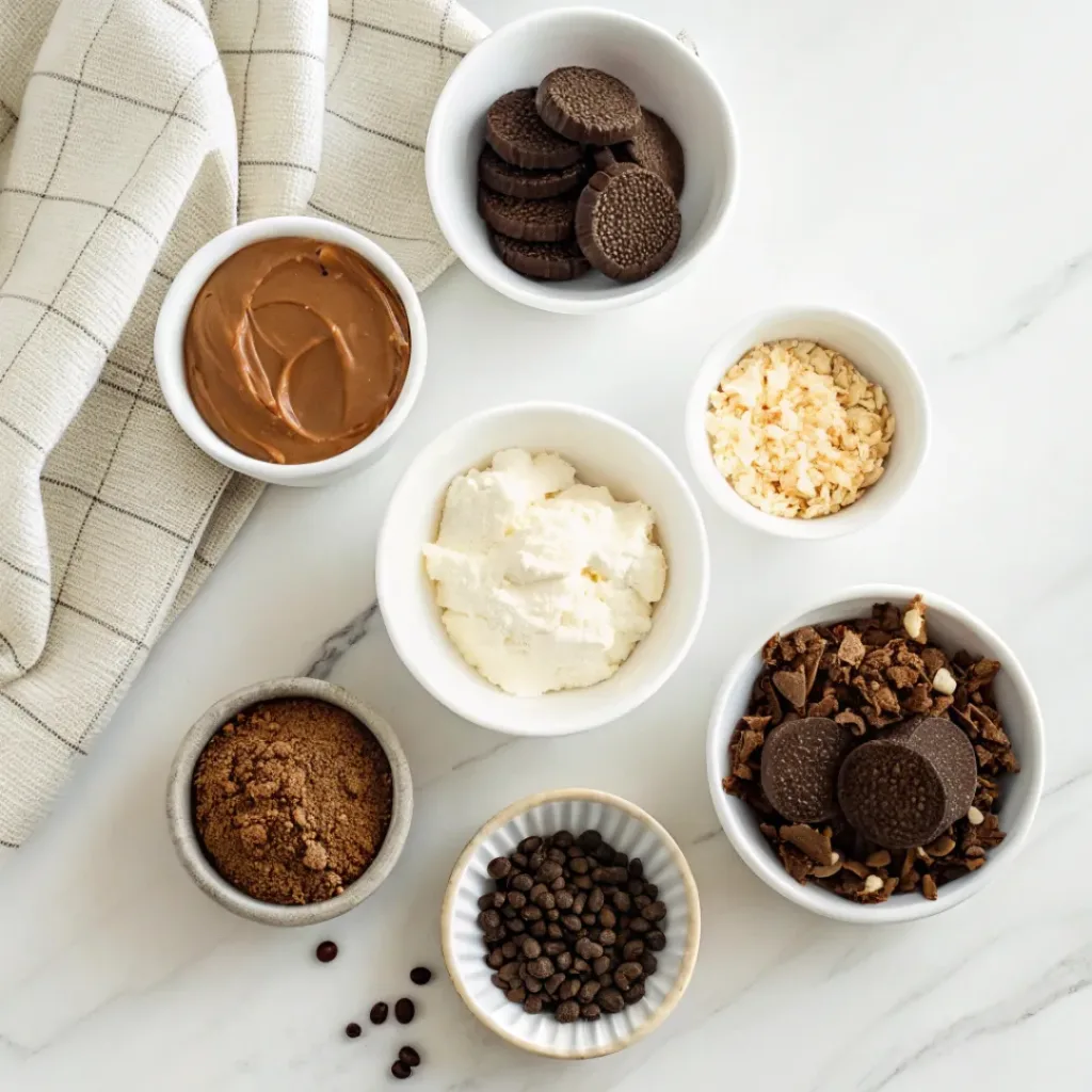 No-Bake Nutella Cheesecake Jars - Easy Decadent Individual Treats 6 Nutella, cream cheese, chocolate cookies, butter, heavy cream, powdered sugar, vanilla, and hazelnuts arranged for no-bake Nutella cheesecake jars.