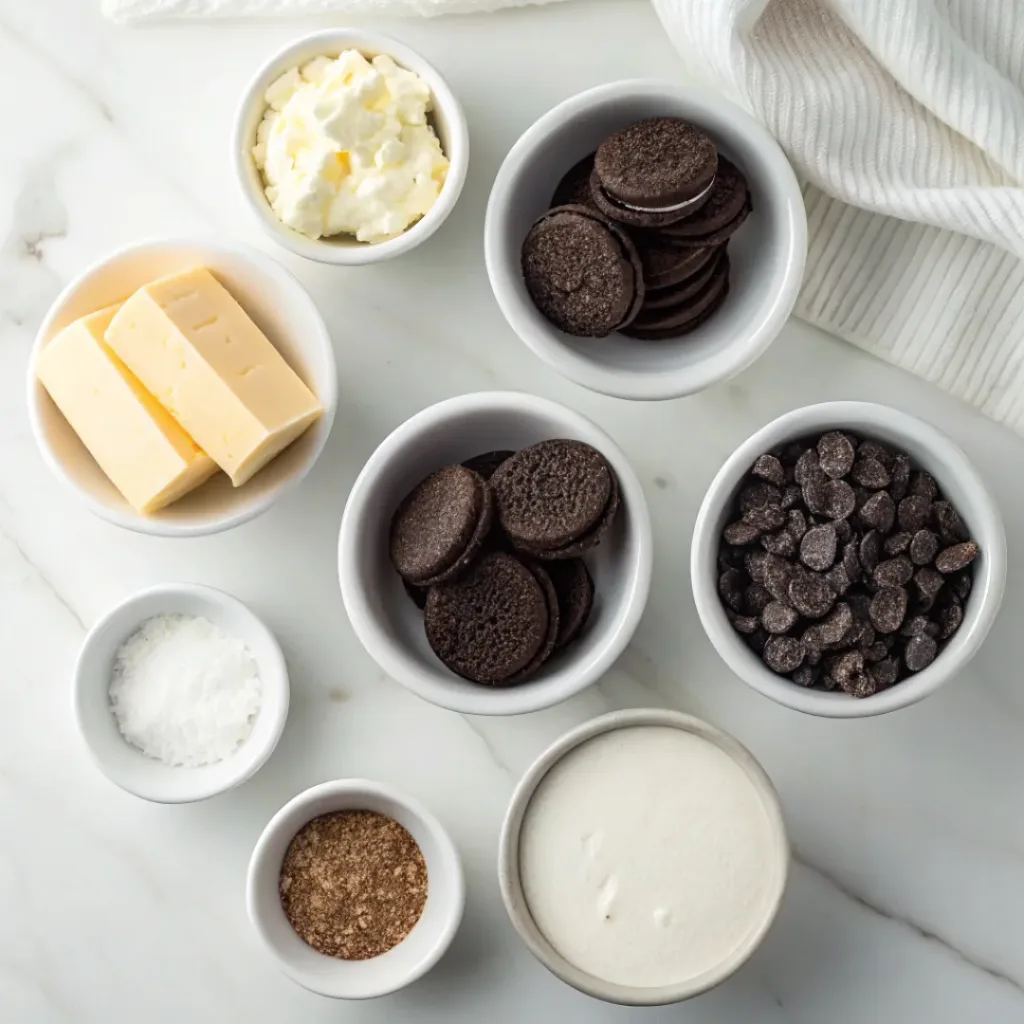 Oreo cookies, cream cheese, butter, heavy cream, sugar, and vanilla arranged for a no-bake Oreo cheesecake.