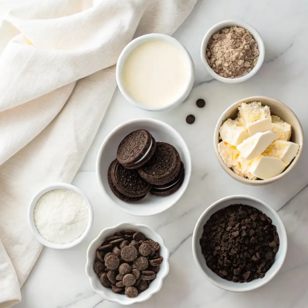 Oreo cookies, cream cheese, powdered sugar, vanilla extract, chocolate, and butter arranged for making no-bake Oreo cheesecake bites.