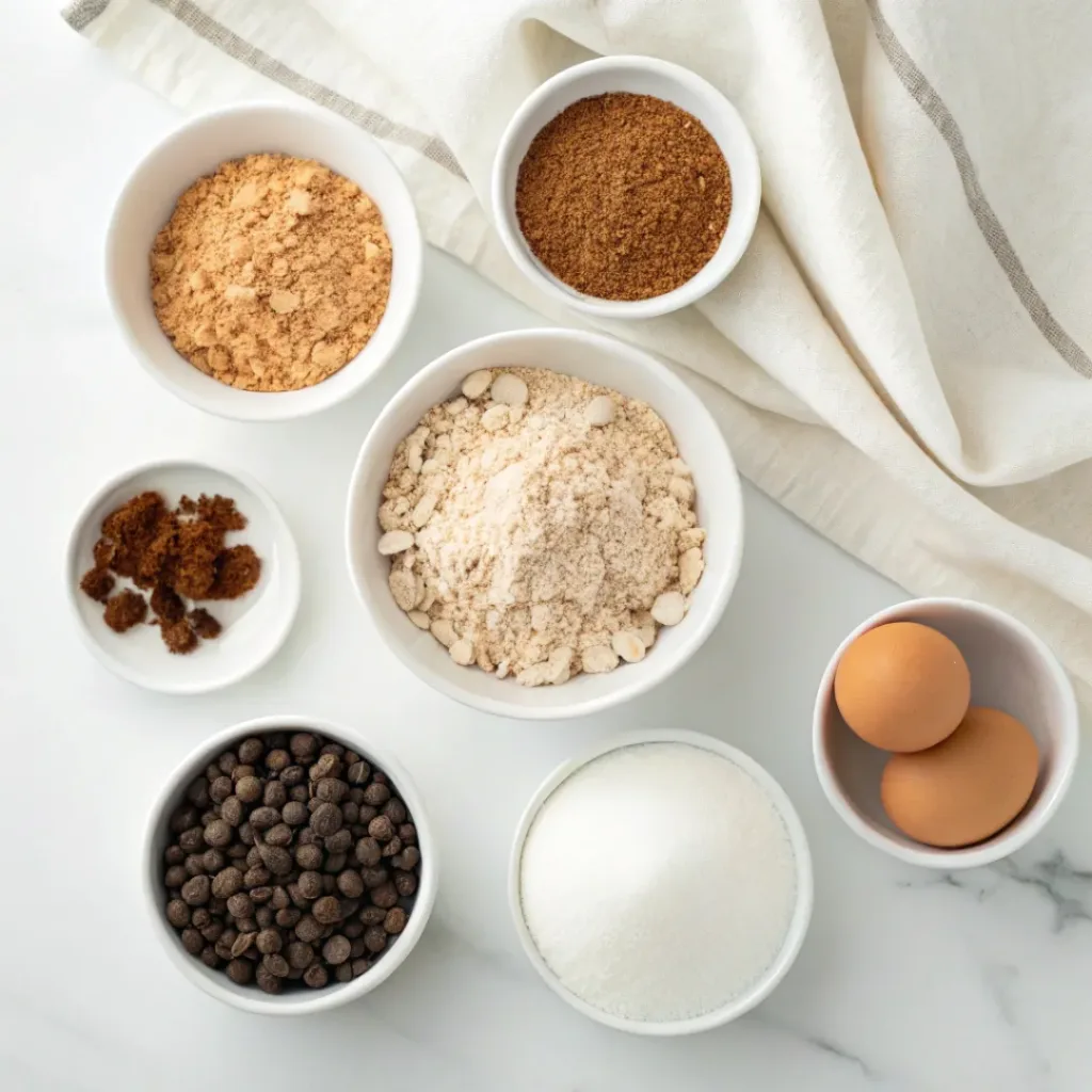 Rolled oats, flour, butter, brown sugar, sugar, eggs, vanilla, chocolate chips, baking soda, cinnamon, and salt arranged for oatmeal chocolate chip cookies.