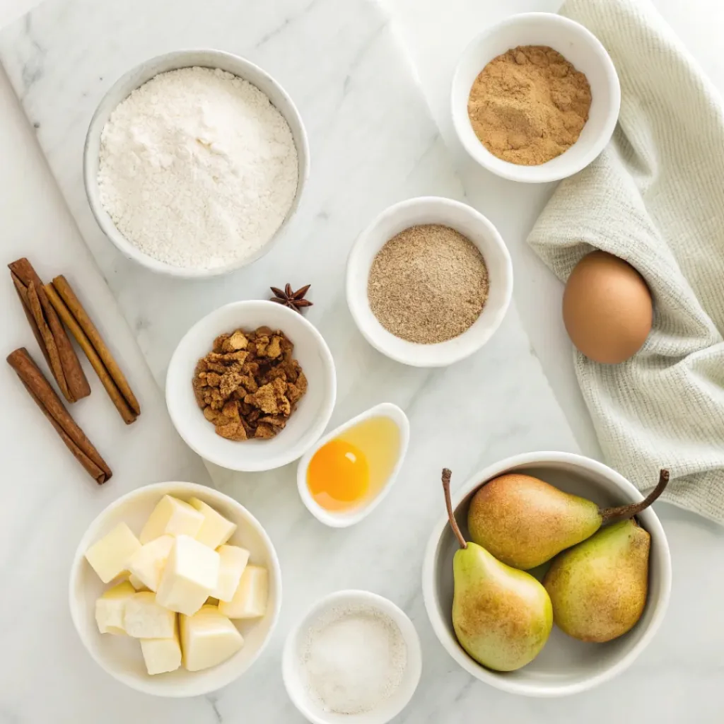 Fresh pears, flour, butter, brown sugar, cinnamon, yeast, milk, eggs, maple syrup, and spices for pear cinnamon rolls.