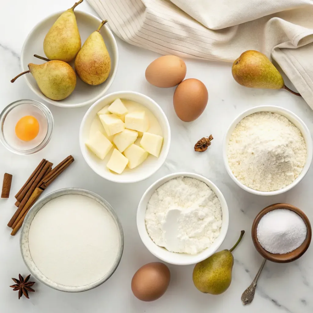 Fresh pears, eggs, milk, flour, sugar, vanilla, butter, and powdered sugar for pear clafoutis.
