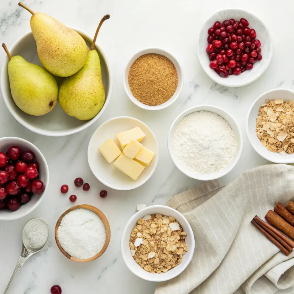 Fresh pears, cranberries, rolled oats, flour, butter, brown sugar, cinnamon, and lemon for pear cranberry crisp.