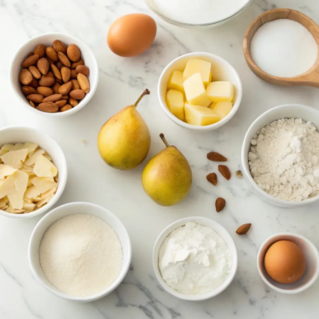 Fresh pears, almond flour, butter, sugar, eggs, vanilla, flour, and pastry ingredients for pear galette.