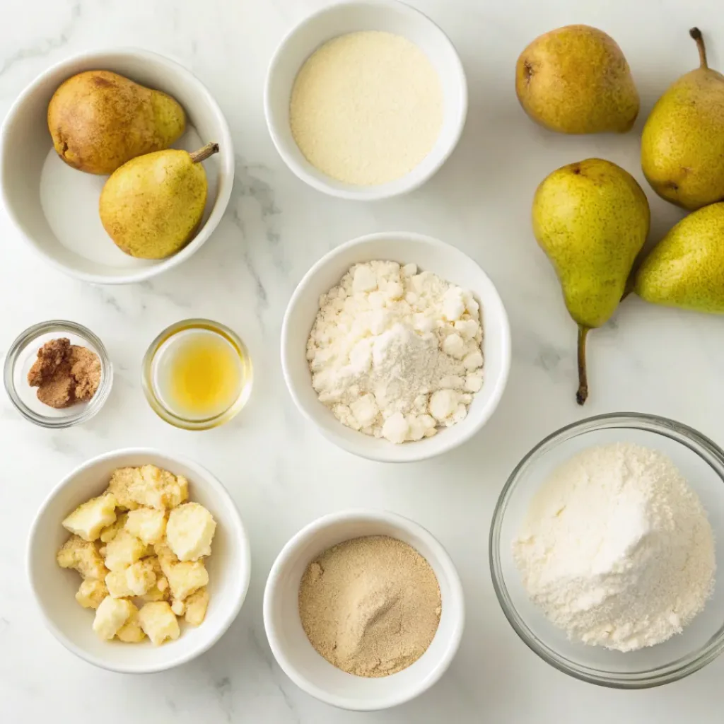 Fresh pears, flour, butter, cream, sugar, ginger, and vanilla for homemade pear ginger scones.