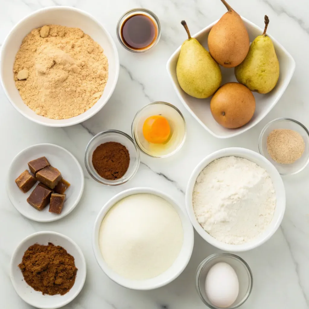 Fresh pears, flour, molasses, brown sugar, butter, ginger, cinnamon, eggs, and spices for gingerbread loaf.