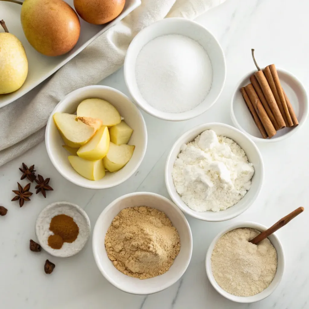 Pear Muffins - Soft Spiced Streusel Bakery Treats 6 Fresh pears, flour, eggs, butter, sugar, cinnamon, vanilla, milk, and baking ingredients for homemade pear muffins.