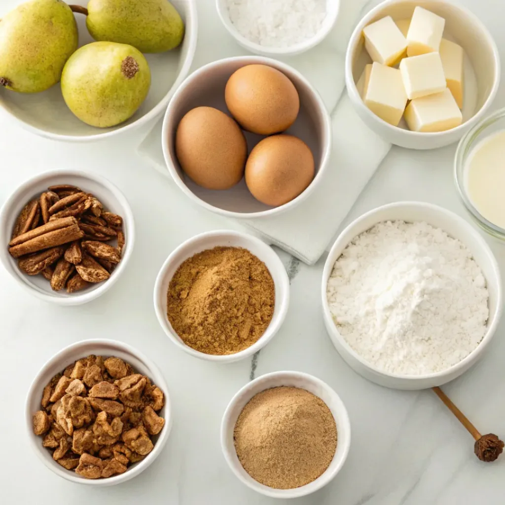 Fresh pears, flour, butter, sugar, pecans, oats, cinnamon, eggs, and milk for pear coffee cake.