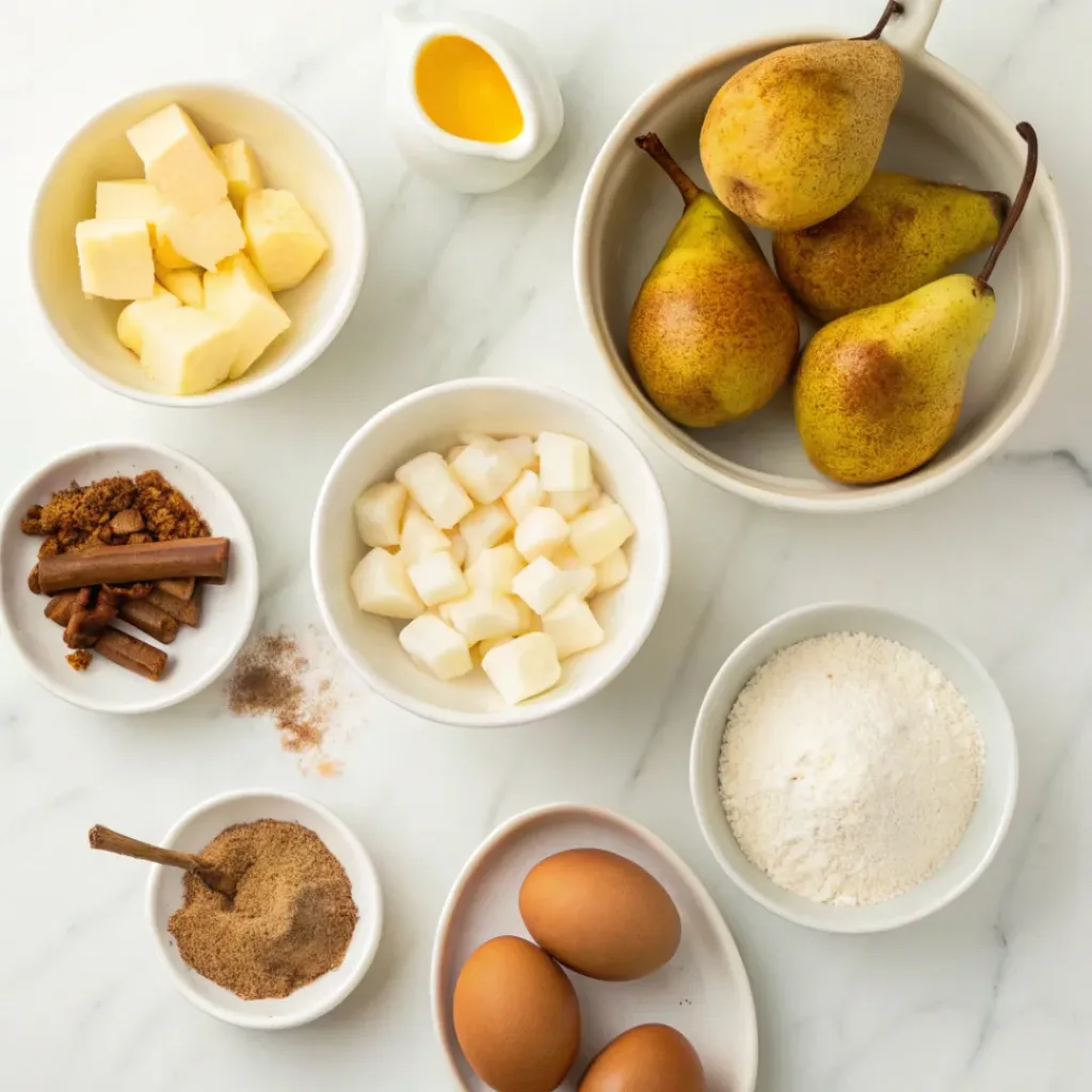 Fresh pears, puff pastry, butter, sugar, cinnamon, vanilla, lemon, and egg for homemade pear turnovers.