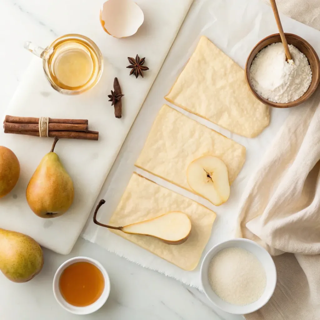 Pears, puff pastry, honey, cinnamon, vanilla, egg, cream, and sugar arranged for poached pear puff pastry.