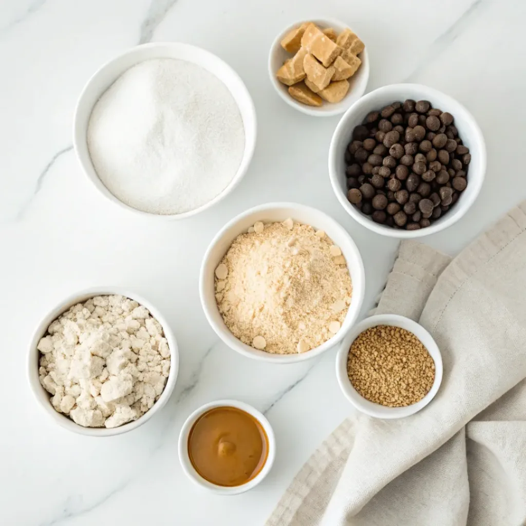 Protein Cookie Dough Bites - Easy Healthy Snack 6 Protein powder, almond flour, peanut butter, maple syrup, vanilla, mini chocolate chips, oats, and salt arranged for making protein cookie dough bites.