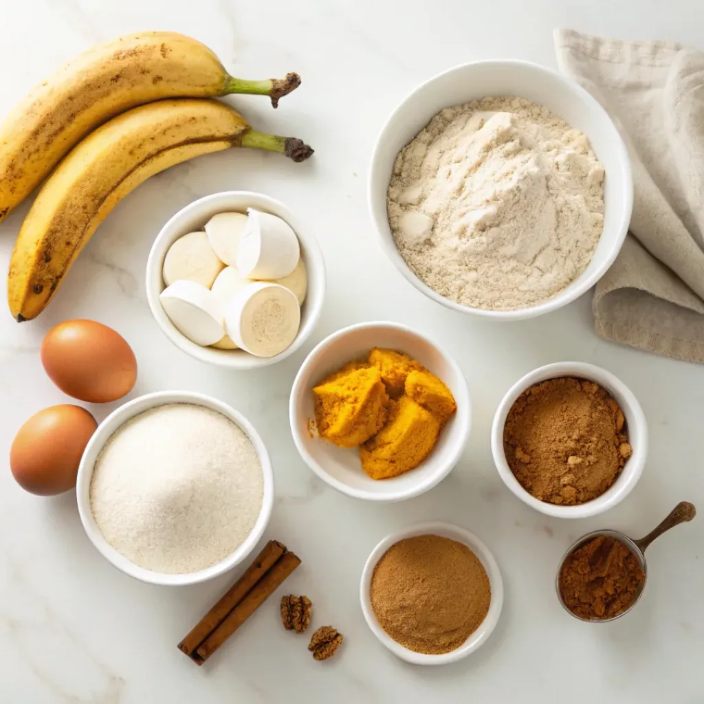 Pumpkin puree, ripe bananas, flour, eggs, butter, sugar, cinnamon, and spices for pumpkin banana muffins.