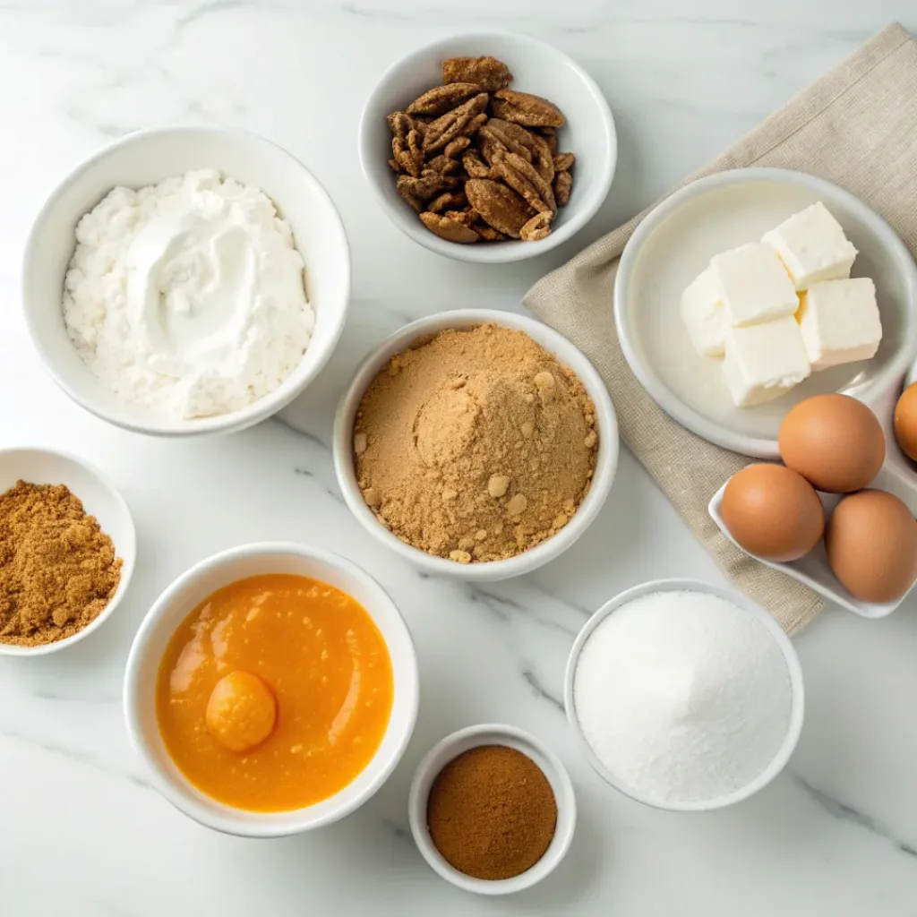 Pumpkin puree, cream cheese, graham crackers, butter, eggs, sugar, vanilla, pumpkin pie spice, cinnamon, and whipped cream arranged for pumpkin cheesecake.