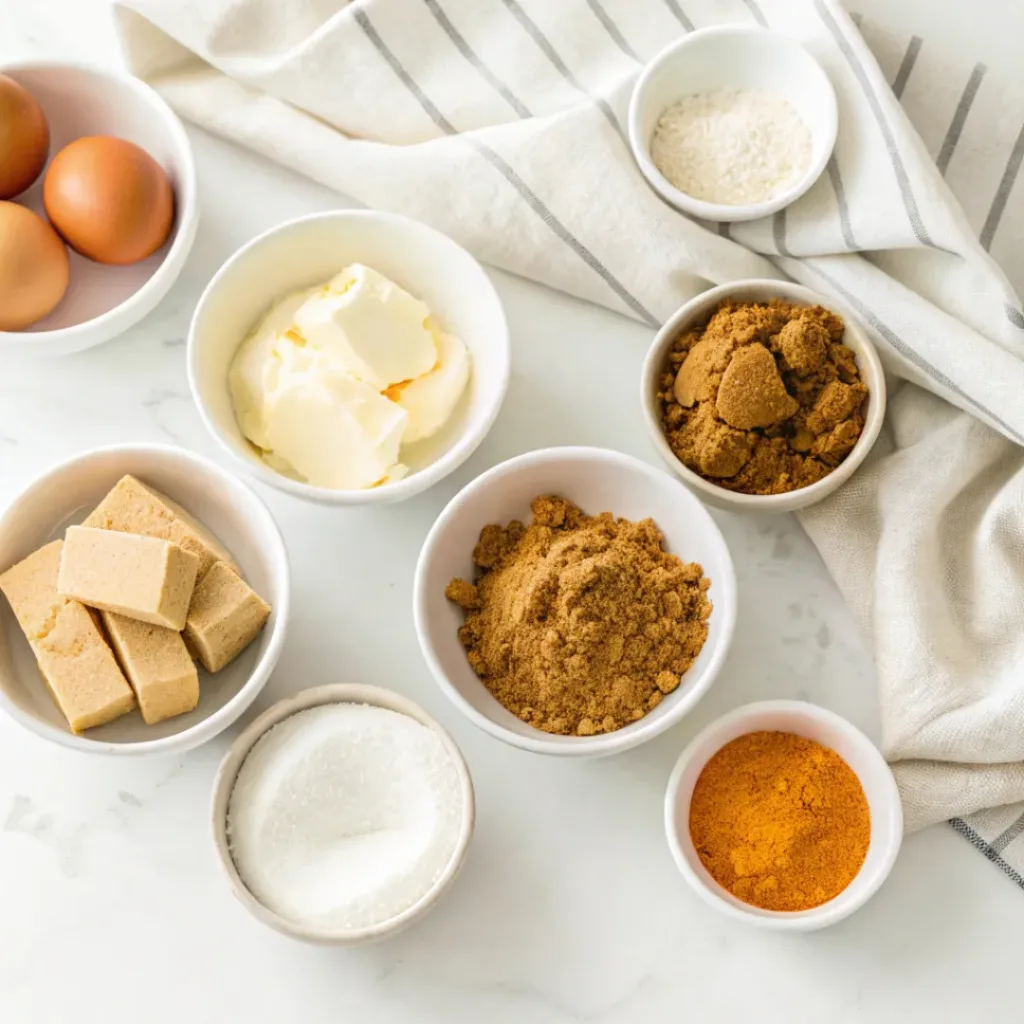 Pumpkin Cheesecake Bars - Easy Creamy Autumn Treat 6 Pumpkin puree, cream cheese, graham crackers, butter, sugar, eggs, sour cream, pumpkin pie spice, cinnamon, vanilla, and salt arranged for making pumpkin cheesecake bars.