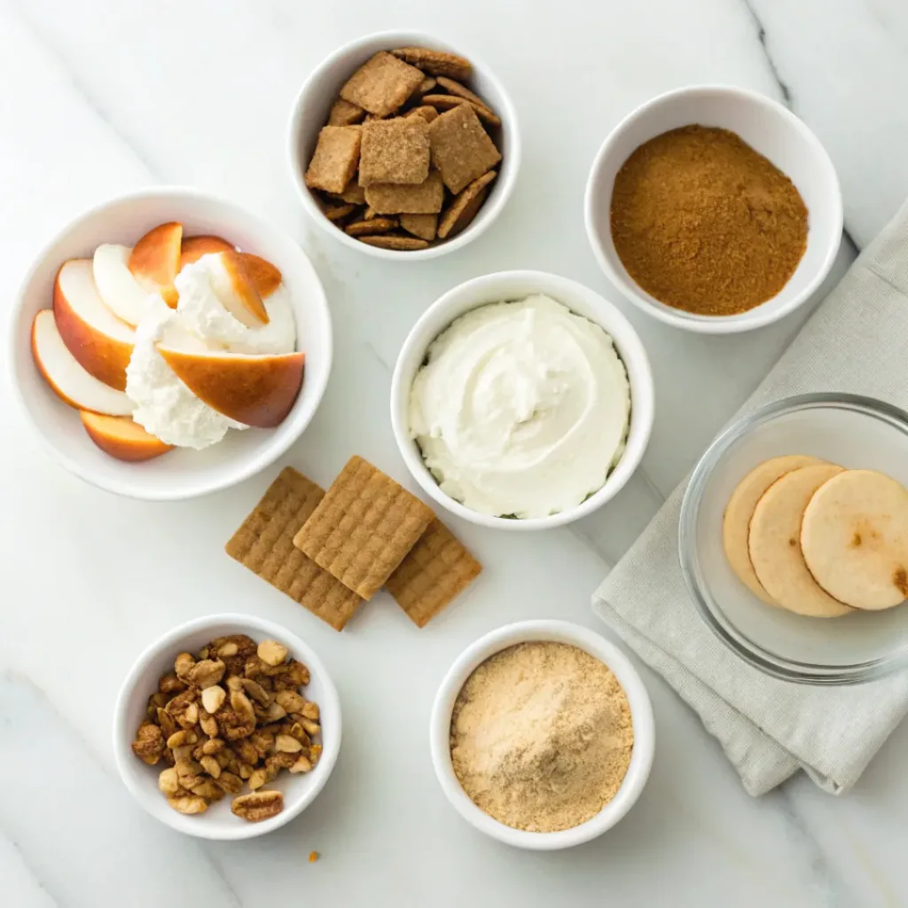 Pumpkin Cheesecake Dip - Easy Creamy Autumn Snack 6 Pumpkin puree, cream cheese, whipped topping, powdered sugar, vanilla, pumpkin pie spice, caramel sauce, pecans, and dippers arranged for pumpkin cheesecake dip.