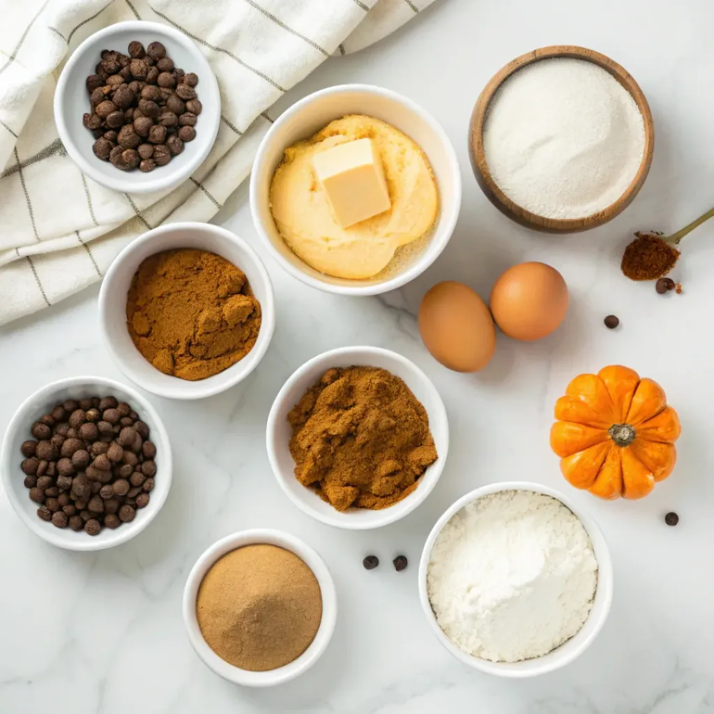 Pumpkin puree, chocolate chips, flour, eggs, butter, sugar, and pumpkin spices for pumpkin bread.