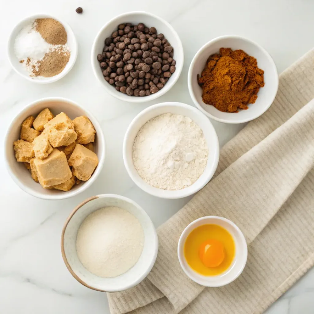 Pumpkin puree, butter, brown sugar, granulated sugar, egg, vanilla, flour, pumpkin pie spice, baking soda, salt, and chocolate chips arranged for pumpkin cookie bars.