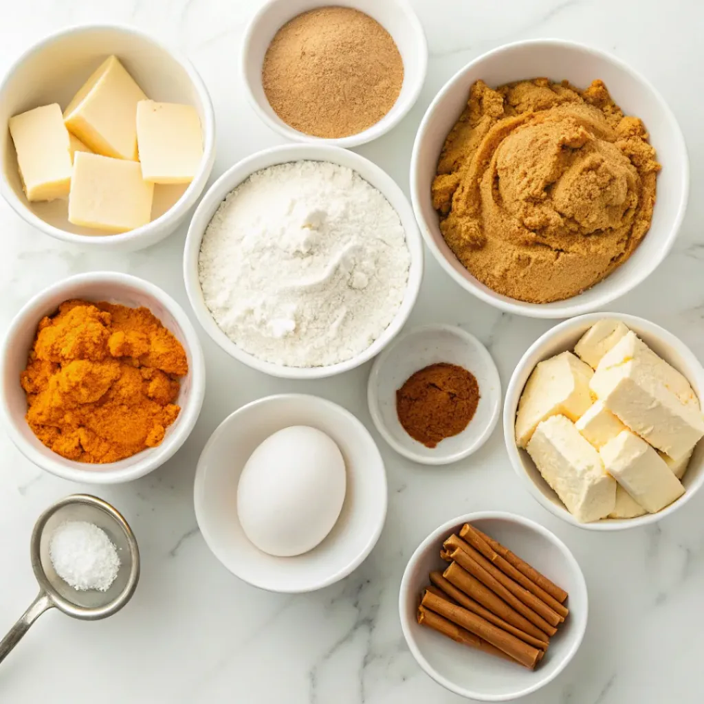 Pumpkin puree, flour, butter, sugar, eggs, pumpkin spice, cream cheese, and powdered sugar for frosted pumpkin cookies.