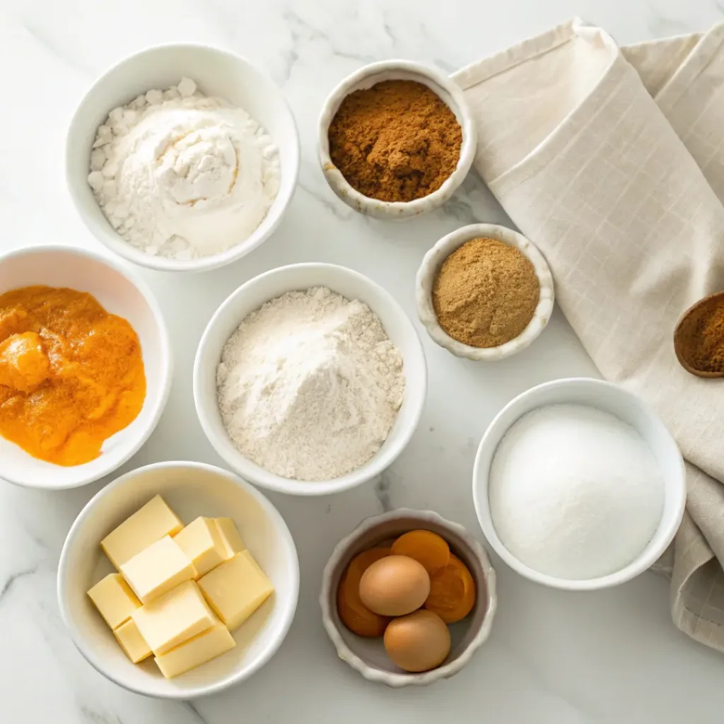 Pumpkin Cream Cheese Muffins - Soft Spiced Autumn Treat 6 Pumpkin puree, cream cheese, flour, butter, brown sugar, eggs, pumpkin pie spice, cinnamon, vanilla, baking powder, and streusel ingredients arranged for pumpkin cream cheese muffins.