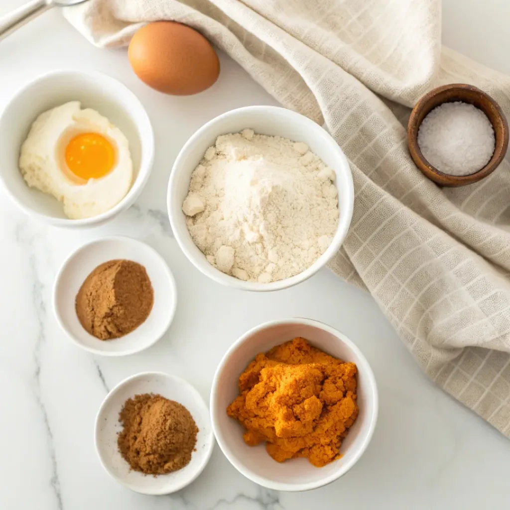 Pumpkin Muffins - Soft Spiced Streusel Topped Bakery Treats 6 Pumpkin puree, flour, eggs, brown sugar, oil, cinnamon, pumpkin pie spice, vanilla, and baking ingredients arranged for pumpkin muffins.