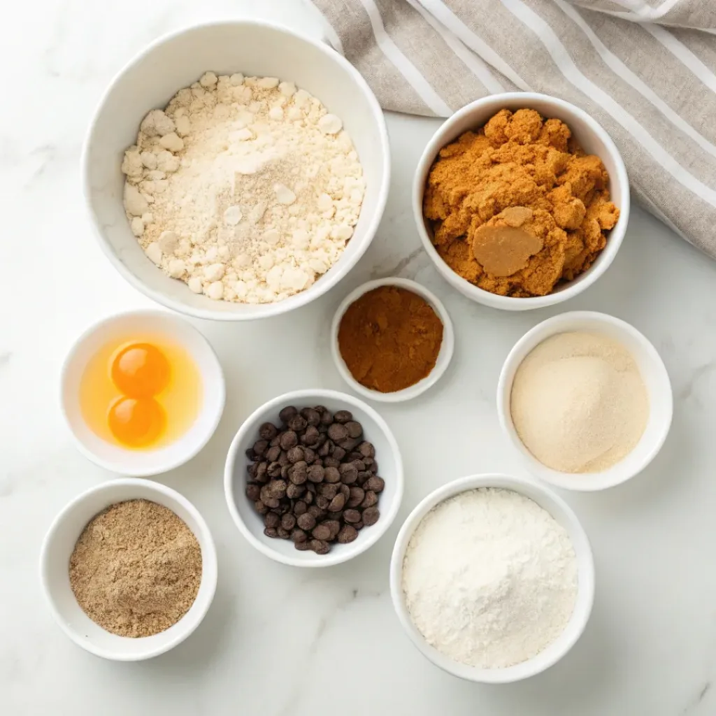 Pumpkin puree, rolled oats, chocolate chips, flour, butter, sugar, eggs, and pumpkin spices for cookies.